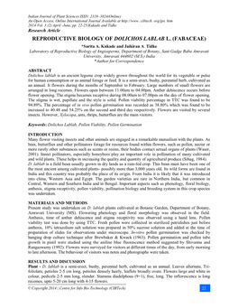 REPRODUCTIVE BIOLOGY of DOLICHOS LABLAB L. (FABACEAE) *Sarita A