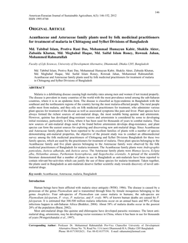 Acanthaceae and Asteraceae Family Plants Used by Folk Medicinal Practitioners for Treatment of Malaria in Chittagong and Sylhet Divisions of Bangladesh