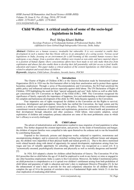 Child Welfare: a Critical Analysis of Some of the Socio-Legal Legislations in India