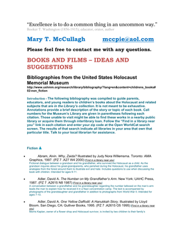 Mary T. Mccullagh Mccpie@Aol.Com BOOKS and FILMS – IDEAS AND