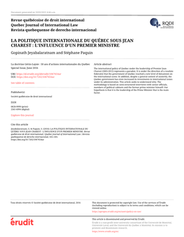 LA POLITIQUE INTERNATIONALE DU QUÉBEC SOUS JEAN CHAREST : L’INFLUENCE D’UN PREMIER MINISTRE Gopinath Jeyabalaratnam and Stéphane Paquin