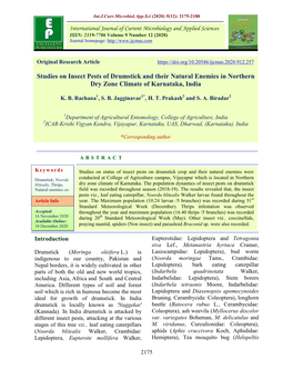 Studies on Insect Pests of Drumstick and Their Natural Enemies in Northern Dry Zone Climate of Karnataka, India