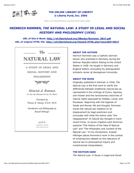 Heinrich Rommen, the Natural Law: a Study in Legal and Social History and Philosophy (1936)