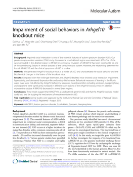 Impairment of Social Behaviors in Arhgef10 Knockout Mice