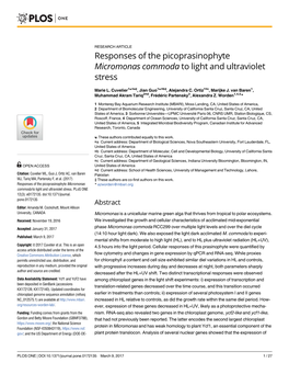 Responses of the Picoprasinophyte Micromonas Commoda to Light and Ultraviolet Stress