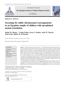 Screening for Subtle Chromosomal Rearrangements in an Egyptian Sample of Children with Unexplained Mental Retardation