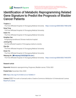 Identi Cation of Metabolic Reprogramming Related Gene