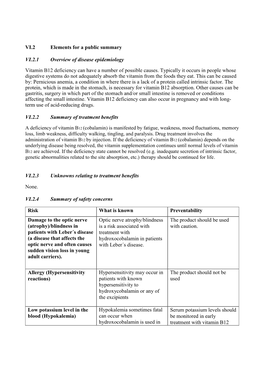 VI.2 Elements for a Public Summary VI.2.1 Overview of Disease Epidemiology Vitamin B12 Deficiency Can Have a Number of Possible