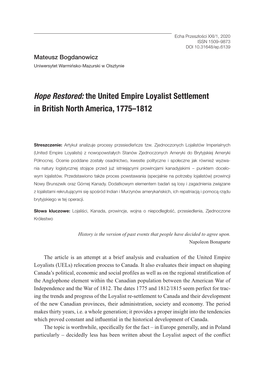 The United Empire Loyalist Settlement in British North America, 1775–1812