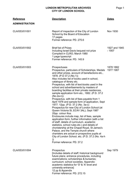 LONDON METROPOLITAN ARCHIVES Page 1 CITY of LONDON SCHOOL