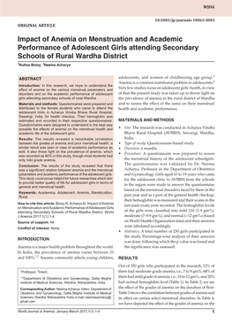 Impact of Anemia on Menstruation and Academic Performance of Adolescent Girls Attending Secondary Schools of Rural Wardha District 1Rufina Binoy,2 Neema Acharya