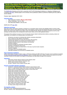 The DDCPD-2012 Workshop Will Be Held in Conjunction with the 9Th International Conference on Ubiquitous Intelligence and Computing (UIC 2012)