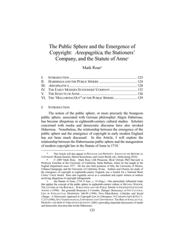 The Public Sphere and the Emergence of Copyright: Areopagitica, the Stationers’ Company, and the Statute of Anne*