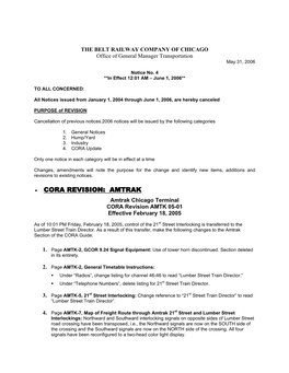 • CORA REVISION: AMTRAK Amtrak Chicago Terminal CORA Revision AMTK 05-01 Effective February 18, 2005