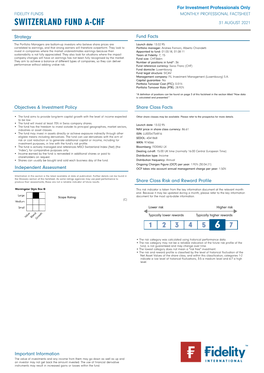 Switzerland Fund A-CHF for Investment Professionals Only FIDELITY FUNDS MONTHLY PROFESSIONAL FACTSHEET SWITZERLAND FUND A-CHF 31 AUGUST 2021