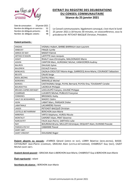 EXTRAIT DU REGISTRE DES DELIBERATIONS DU CONSEIL COMMUNAUTAIRE Séance Du 25 Janvier 2021