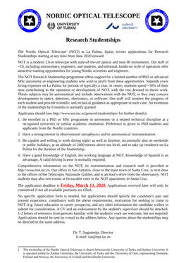 NORDIC OPTICAL TELESCOPE Research Studentships