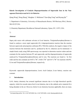 Kinetic Investigation of Catalytic Disproportionation of Superoxide Ions in the Non- Aqueous Electrolyte Used in Li-Air Batteries