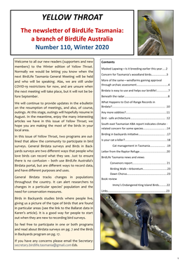 YELLOW THROAT the Newsletter of Birdlife Tasmania: a Branch of Birdlife Australia Number 110, Winter 2020