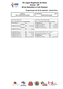 XV Jogos Regionais Do Idoso Araras - SP 28 De Setembro a 2 De Outubro