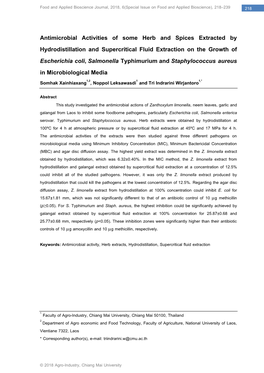 Galangal from Laos to Inhibit Some Foodborne Pathogens, Particularly Escherichia Coli, Salmonella Enterica Serovar