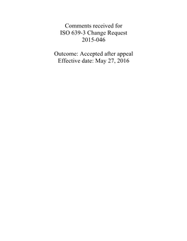 Comments Received for ISO 639-3 Change Request 2015-046 Outcome