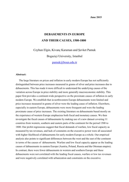 DEBASEMENTS in EUROPE and THEIR CAUSES, 1500-1800 Ceyhun Elgin, Kivanç Karaman and Şevket Pamuk Bogaziçi University, Istanbu