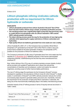 Lithium Phosphate Refining Vindicates Cathode Production with No Requirement for Lithium Hydroxide Or Carbonate