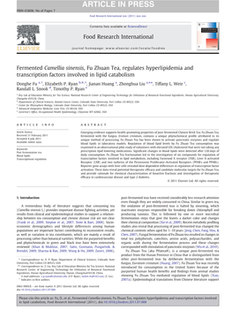 Fermented Camellia Sinensis, Fu Zhuan Tea, Regulates Hyperlipidemia and Transcription Factors Involved in Lipid Catabolism