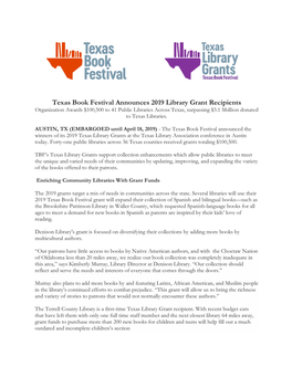 Texas Book Festival Announces 2019 Library Grant Recipients