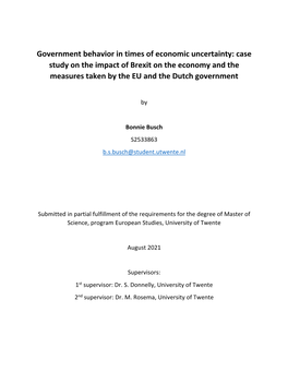 Government Behavior in Times of Economic Uncertainty: Case Study on the Impact of Brexit on the Economy and the Measures Taken by the EU and the Dutch Government