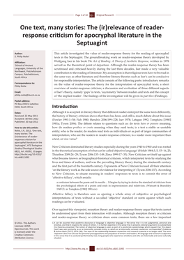 The (Ir)Relevance of Reader- Response Criticism for Apocryphal Literature in the Septuagint