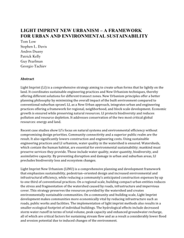 LIGHT IMPRINT NEW URBANISM – a FRAMEWORK for URBAN and ENVIRONMENTAL SUSTAINABILITY Tom Low Stephen L