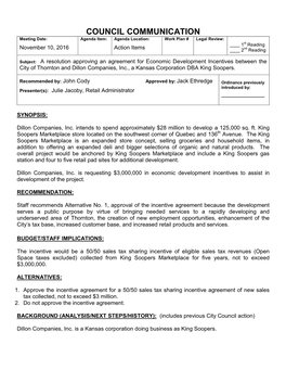 COUNCIL COMMUNICATION Meeting Date: Agenda Item: Agenda Location: Work Plan # Legal Review: St 1 Reading November 10, 2016 Action Items 2Nd Reading