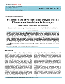 Preparation and Physicochemical Analysis of Some Ethiopian Traditional Alcoholic Beverages