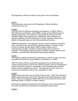 FDA Regulation of Blood and Blood Components in the United States