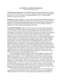 Southern Steelhead Populations Are in Danger of Extinction Within the Next 25-50 Years, Due to Anthropogenic and Environmental Impacts That Threaten Recovery