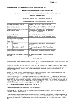 Advance Ruling NO.GST-ARA-39/2017-18/B-46, Dated 13Th June, 2018