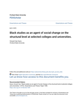 Black Studies As an Agent of Social Change on the Structural Level at Selected Colleges and Universities