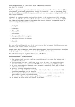 Astr 450 Assignment 5: Earth-Based Life in Extreme Environments Due Thu Feb 19, 2009