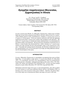 Syzygites Megalocarpus (Mucorales, Zygomycetes) in Illinois