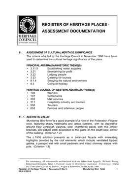 Register of Heritage Places - Assessment Documentation