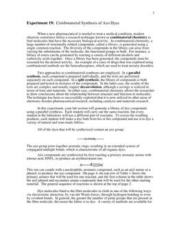 Experiment 19: Combinatorial Synthesis of Azo Dyes