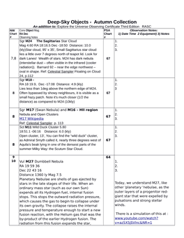 Deep-Sky Objects - Autumn Collection an Addition To: Explore the Universe Observing Certificate Third Edition RASC NW Cons Object Mag