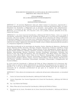 Reglamento Interior De La Junta Local De Conciliación Y Arbitraje Del Valle De Toluca