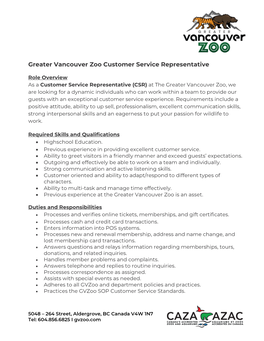 Greater Vancouver Zoo Customer Service Representative