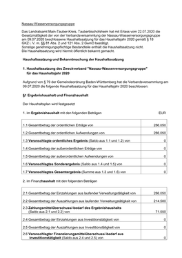 Nassau-Wasserversorgungsgruppe Das Landratsamt Main-Tauber-Kreis, Tauberbischofsheim Hat Mit Erlass Vom 22.07.2020 Die Gesetzmä