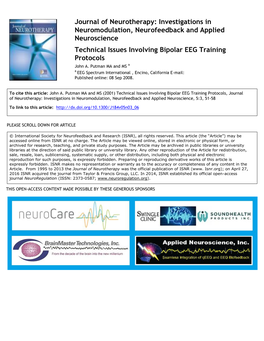 Journal of Neurotherapy: Investigations in Neuromodulation, Neurofeedback and Applied Neuroscience Technical Issues Involving Bipolar EEG Training Protocols John A