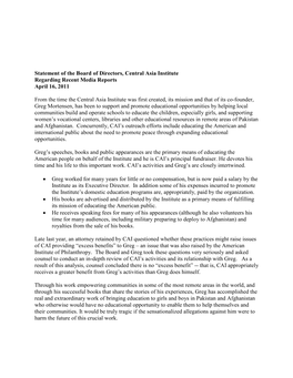 Statement of the Board of Directors, Central Asia Institute Regarding Recent Media Reports April 16, 2011