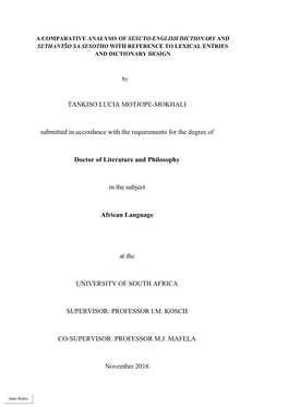 TANKISO LUCIA MOTJOPE-MOKHALI Submitted in Accordance with the Requirements for the Degree of Doctor of Literature and Philosoph